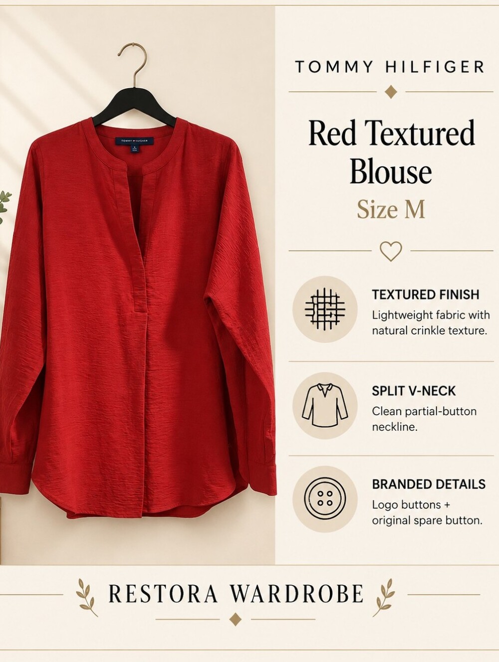 Tommy Hilfiger Red Textured Tunic Blouse Split Cuff Long Sleeve M